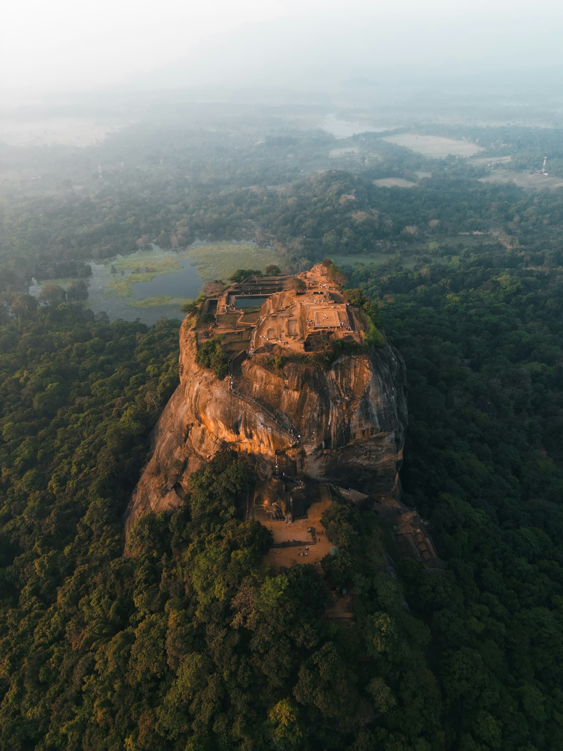 Luftaufnahme der Felsenfestung von Sigiriya im Wald